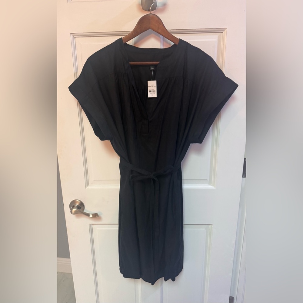 NWT Ann Taylor Linen Belted Split Neck Shirt Dress Sz XL Black